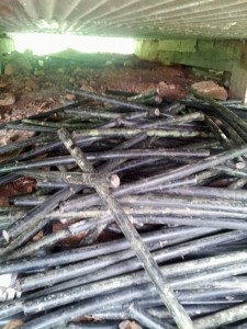 A stash of stolen copper cable conduits is found during a raid of a home in Las Marías. (Credit: Claro Puerto Rico)