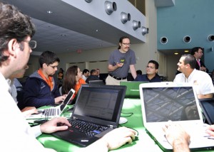 Twitter co-founder Evan Henshaw-Plath speaks to some of the "hackers" that participated in the Tech Summit.