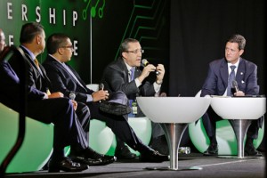 Members of the Puerto Rico Information Technology Board of Directors, from left: Jorge Mejia, Gerardo Martinez, Victor Lopez, Christian Gonzalez, Henry Gordillo, Dario Ayala, and Alberto Cordero speak during the conference.