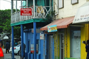Corner pharmacy in downtown Bridgetown, Barbados. (Credit: Larry Luxner)
