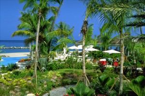 Beautifully landscaped pool area at the Four Seasons Resort, Nevis. (Credit: Larry Luxner)
