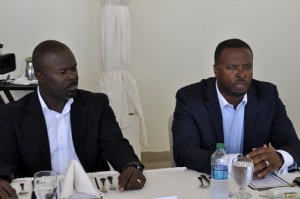 Greg B. Phillip, marketing manager for the Nevis Tourism Authority and Nevisian Tourism Minister, Mark Brantley meet with members of the media Wednesday.