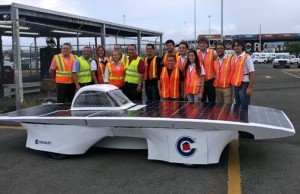 From left: Miguel Román, logistics manager, Francheska Lopez, solar car driver, Edward Padilla, suspension design leader, Xavier Camacho, electrical leader, Marielis Suarez, roll cage design leader and solar car driver, Ernesto Perez, manufacturing leader, Gustavo González, captain, and Kevin Corpetti, battery design leader, at Crowley's port terminal in Jacksonville.