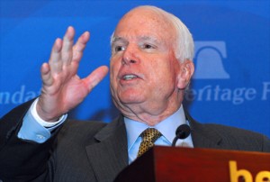 Sen. John McCain (R-Arizona) lashes out against the Jones Act during a panel discussion at Washington’s Heritage Foundation. (Credit: Larry Luxner)