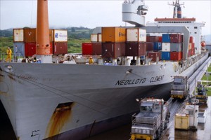 The Nedlloyd Clement, a Dutch container ship, passes through the Miraflores Locks of the Panama Canal. (Credit: Larry Luxner)