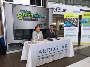 From left: Wendy Neu, CEO of Hugo Neu Corp., and Aerostar CEO Agustín Arellano during a news conference Tuesday.