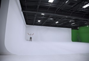 The studio houses a number of different walls — white, black and green — for indoor filming.