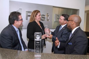 At the Visa Awards ceremony, from left: Iván Marrero, senior vice president of Center of Operations Excellence, and Gloria Martínez, vice president of Banking Operations Fraud Management, both at FirstBank; are joined by Visa Inc.’s Gilberto Viguie and Uhriel Bedoya.