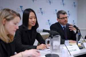From left: Margaret Myers of Inter-American Dialogue, and Fei Yuan and Kevin Gallagher of Boston University — co-authors of a new report about “green financing in the Americas” discuss their findings at a Nov. 30 panel discussion in Washington. (Credit: Larry Luxner)