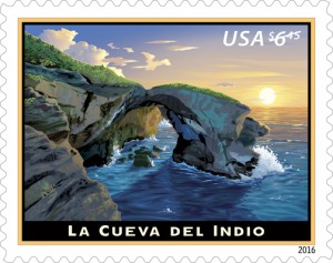 The stamp depicts a sunset view of La Cueva del Indio in Arecibo, a cave that gets its name from the great number of engravings, known as petroglyphs, found on the walls.