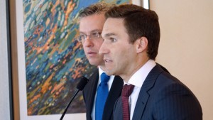Federico Stubbe, president of PRISA Group, is flanked by Gov. García-Padilla during Monday's official opening of the Hyatt Place San Juan/City Center. (Credit: Joe Colón)