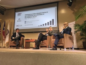 From left: Former Gov. Luis Fortuño and Economists Carlos Colón de Armas and Gustavo Vélez unveil details of the index.