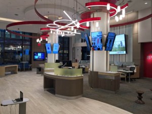 The technology-based branch allows customers to “check-in” with a digital concierge to access different service categories: Managing Money, Investing, Borrowing, Service and other reasons for the visit.
