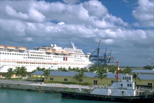 Cruise ship docks at Freeport terminal, Grand Bahama Island, where Carnival plans a huge yet controversial cruise-ship port. (Credit: Larry Luxner)
