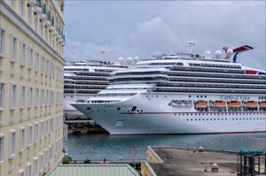 The 110,000-ton Carnival Glory docks at Pier 4 in Old San Juan, not far from where the Florida-Caribbean Cruise Association will hold its annual conference and trade show Sept. 26-30. (Credit: Larry Luxner)